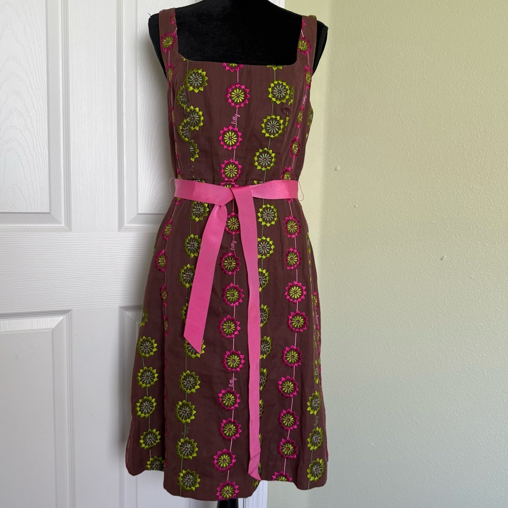 Vintage Lilly Pulitzer Embroidered Logo Floral Cotton Silk Belted